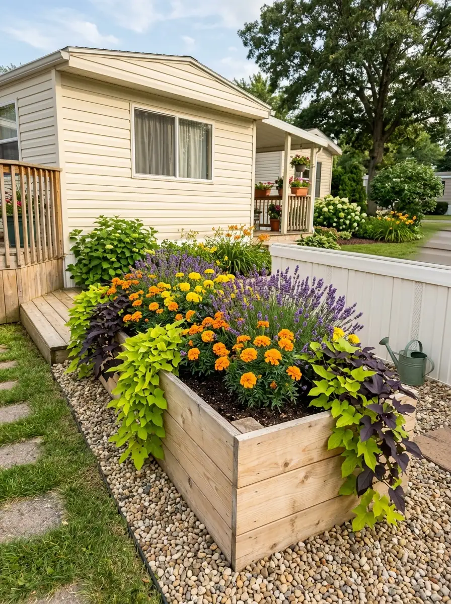 Cedar raised garden bed with marigolds and lavender along the edge of a mobile home backyard in soft afternoon sunlight