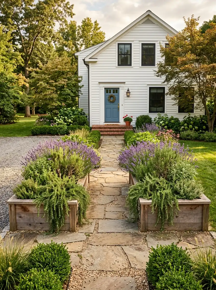 Symmetrical cedar raised planting beds with lavender and herbs flanking a stone path in a front yard without grass