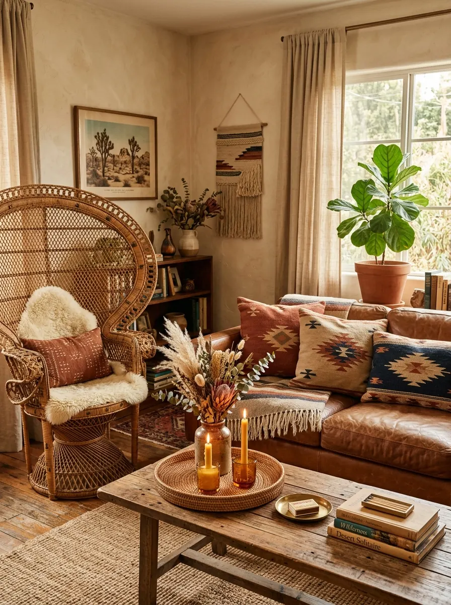 Ranch style living room with rattan peacock chair, cognac leather sofa, southwestern rust and sand cushions, rattan tray with candles and dried flowers