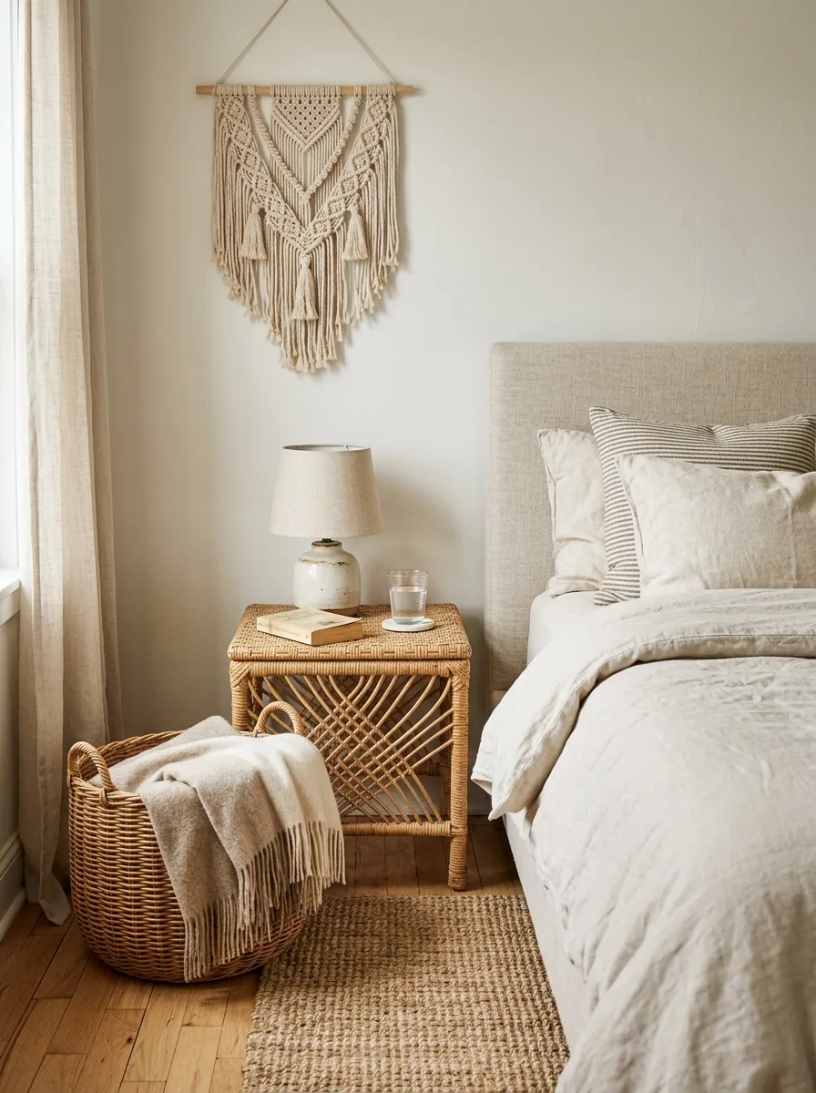 Rattan side table with woven basket and macrame wall hanging adding texture to a Nancy Meyers interior style bedroom