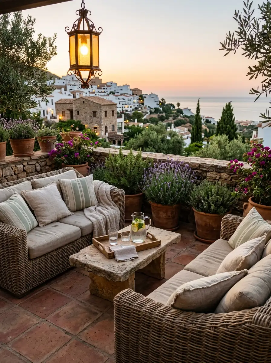 Rattan outdoor sofa with terracotta pots and lantern light on a Mediterranean-style terrace channeling Nancy Meyers house look