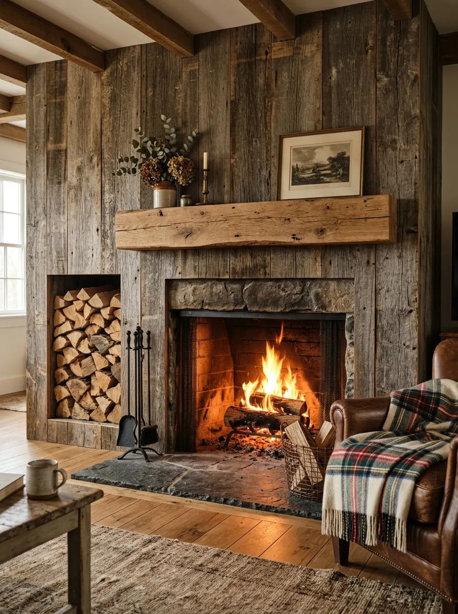 20 Fireplace Design Ideas Built Around the Three Pillars of Color, Space, and Flame 17 Rustic fireplace decor with reclaimed barn wood frame, live-edge mantel shelf, stacked logs, and amber flame in a cozy farmhouse living room