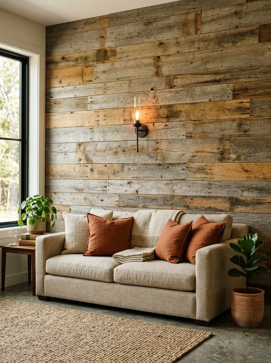 Ranch style living room with reclaimed wood accent wall in grey and honey tones, iron sconce, linen sofa, rust cushions, and jute rug