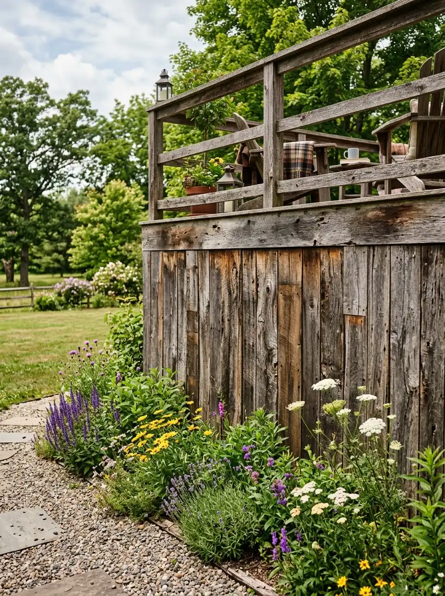 Reclaimed barn wood deck skirting with varied weathered gray tones and wildflower border in a wide rustic backyard