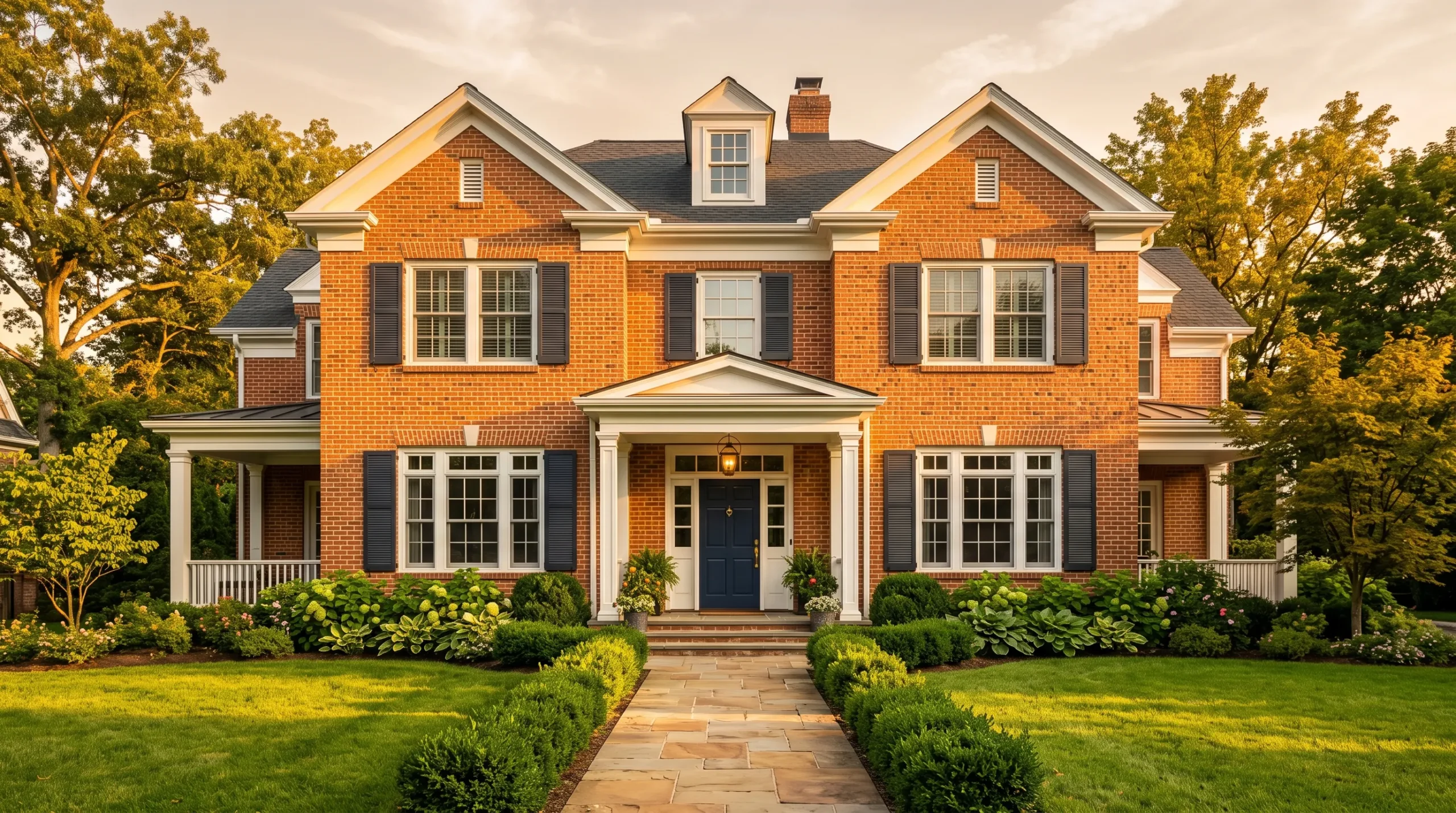 Red Brick House Exterior Color Scheme featuring white trim, navy blue front door, charcoal shutters, and stone pathway