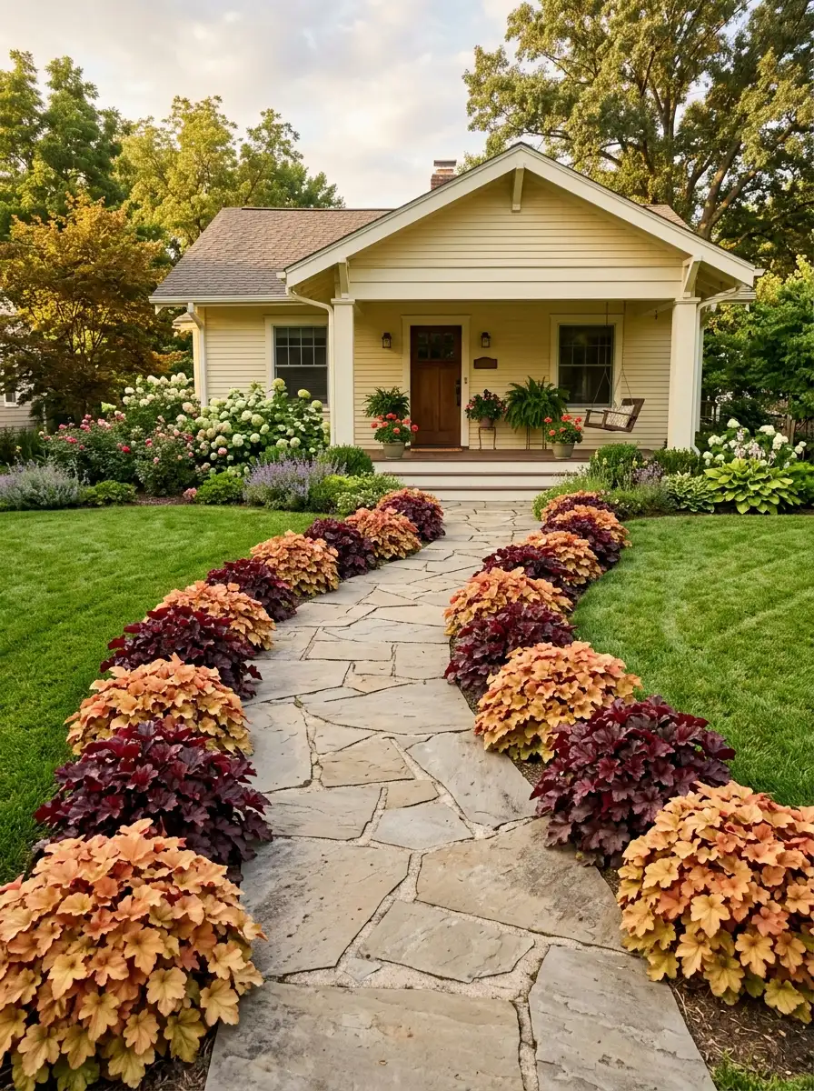 Heuchera front yard with alternating deep red and peach coral bells edging a curved flagstone pathway to a pale yellow craftsman home
