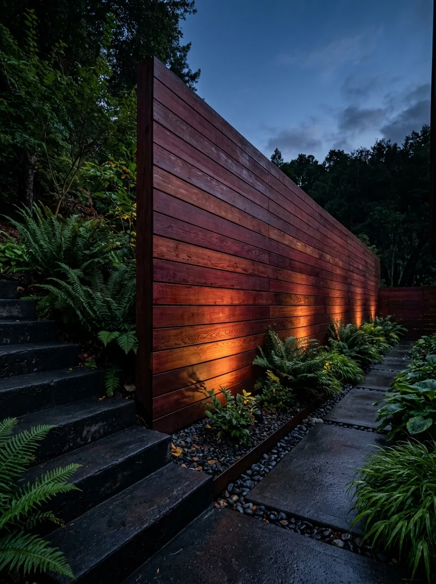 19 Smart Fence Wood Choice Ideas Comparing Cedar, Redwood, Pine, and Ipe for Beauty, Durability, and Long-Term Value 3 Dramatic redwood fence with horizontal planks glowing in warm uplighting beside ferns and concrete steps at dusk