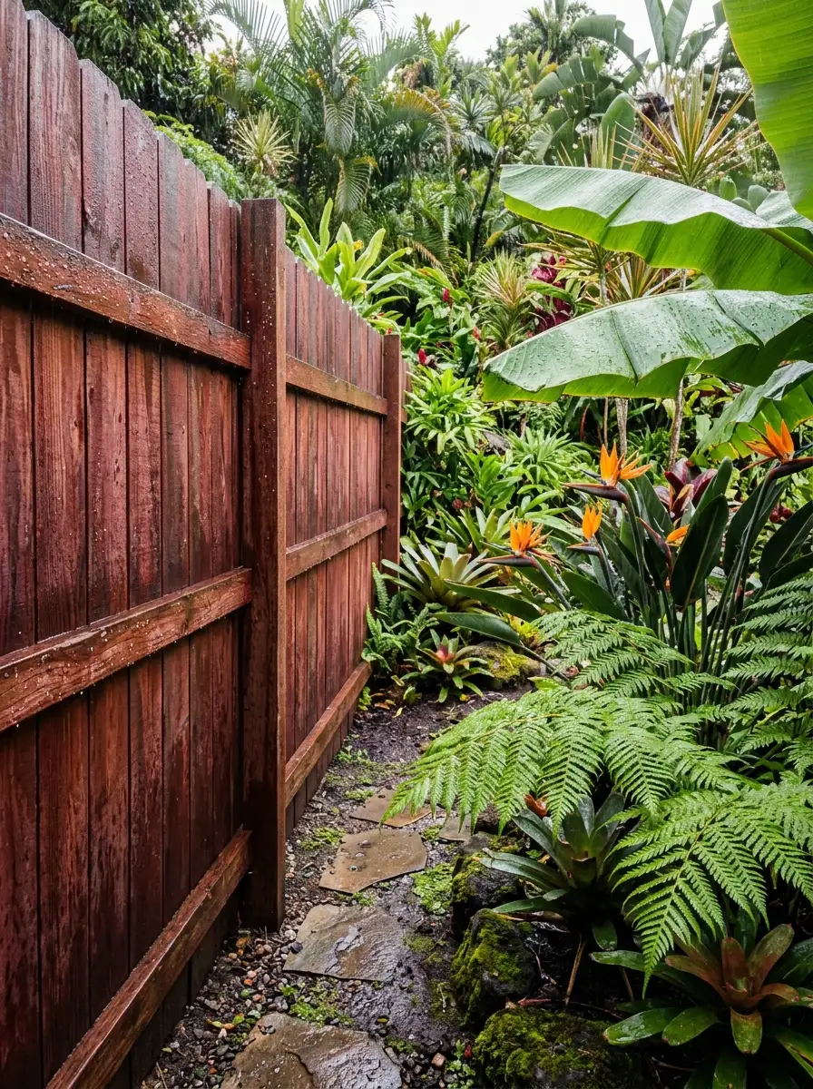 19 Smart Fence Wood Choice Ideas Comparing Cedar, Redwood, Pine, and Ipe for Beauty, Durability, and Long-Term Value 14 Rich burgundy redwood fence in a humid backyard surrounded by tropical ferns, banana leaves, and birds-of-paradise plants after light rain