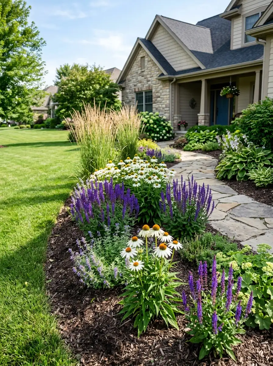 Front yard garden bed with repeating plant groups in sizes of three five and eight following golden ratio sequence
