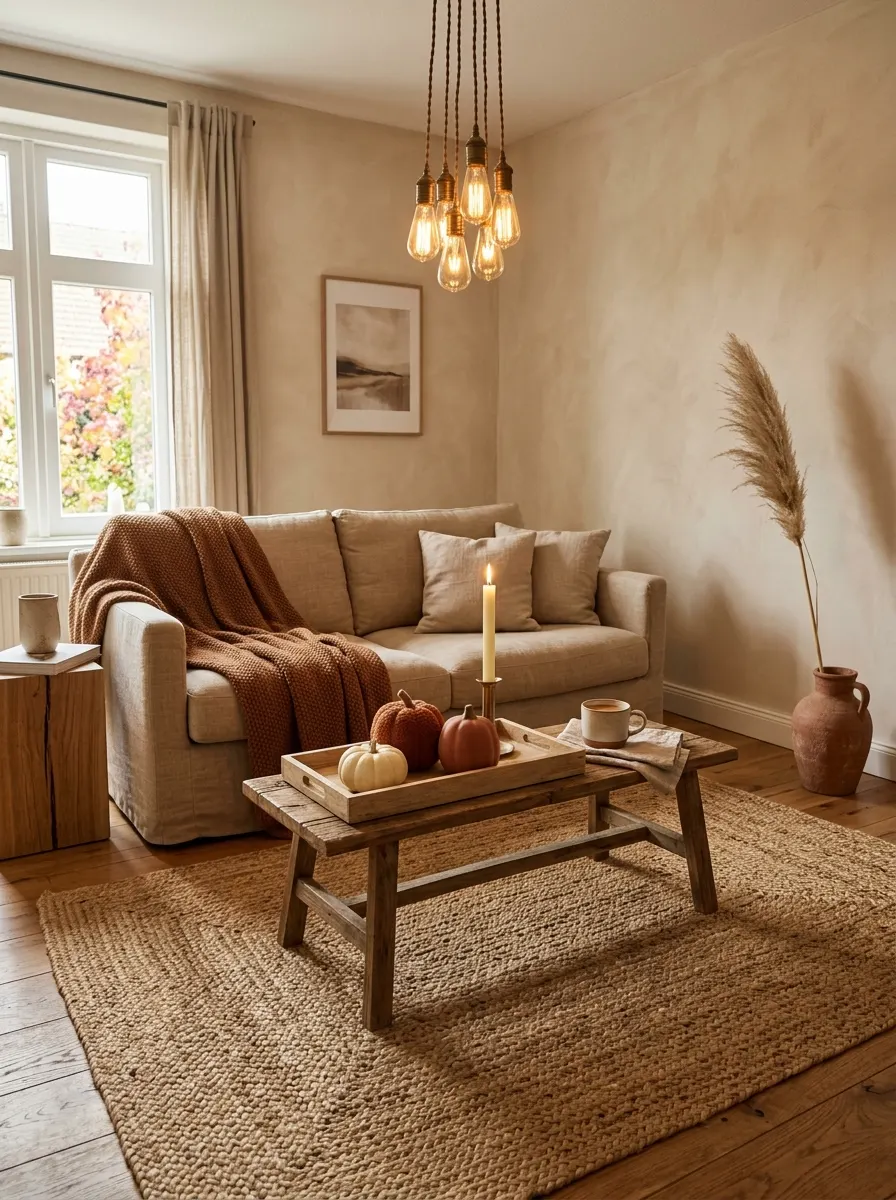 Why Fall Décor Hits Different: 17 Principles You Never Knew You Needed 15 Minimal fall décor living room with tray of three pumpkins, ivory pillar candle, and single pampas grass stem showing restrained seasonal confidence