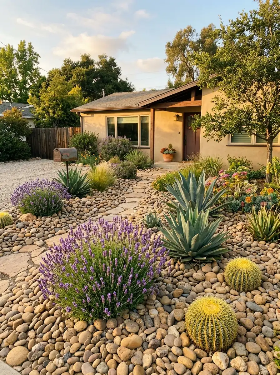 Smooth river rocks with lavender, agave, and barrel cactus in a naturally beautiful grass free front yard design