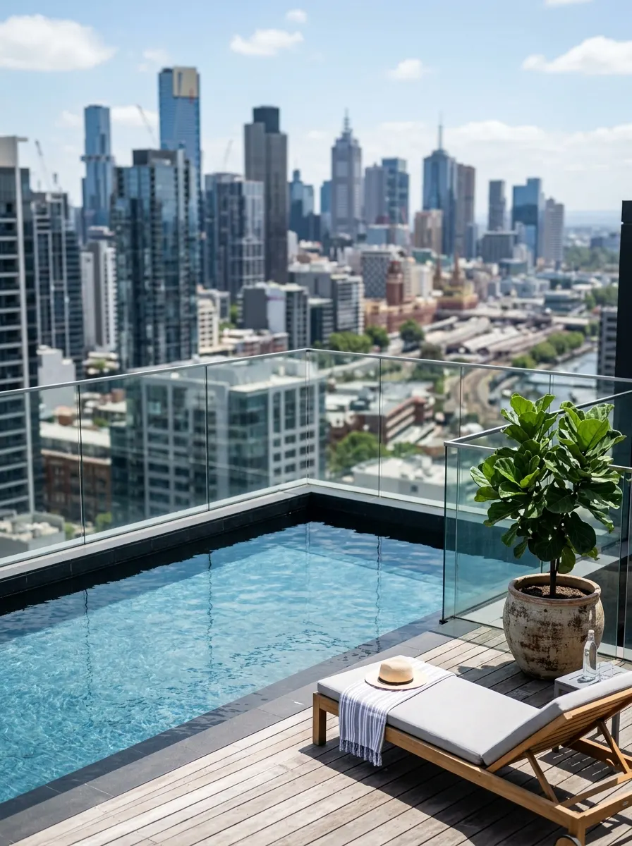 19 Brilliant Small Pool Design Ideas That Make Compact Backyards Feel Like a Private Luxury Resort 18 Rooftop small pool design with glass balustrade overlooking city skyline, dark charcoal interior, teak decking, and ornamental fig tree