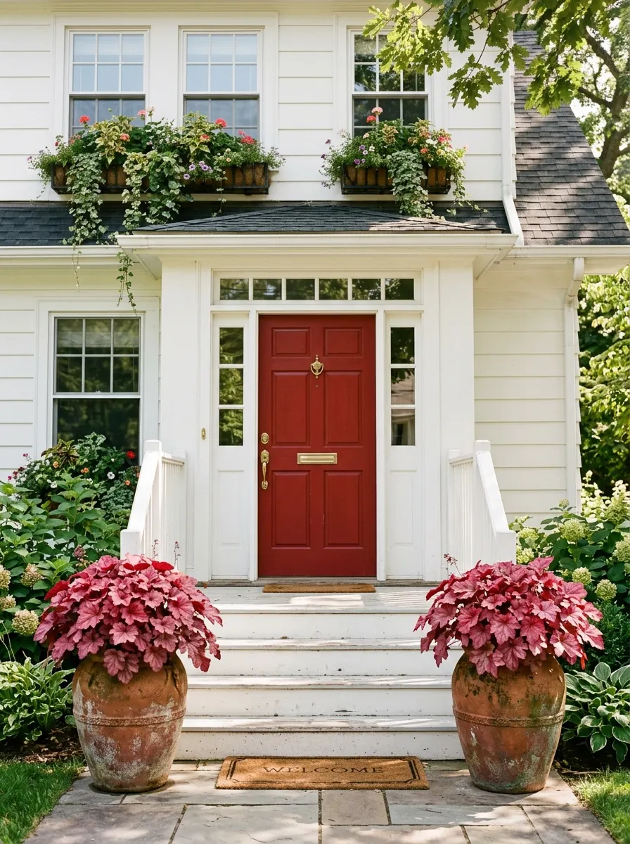 Rose pink coral bells front yard containers in aged terracotta flanking white painted steps and a red front door with brass hardware
