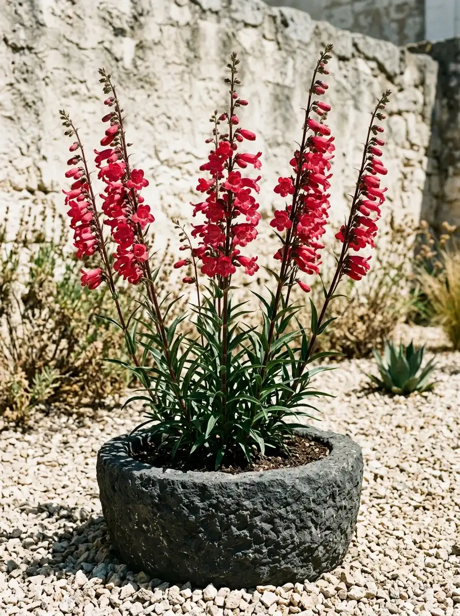 17 Full Sun Perennials for Low-Maintenance Container Gardens That Thrive With Minimal Care 12 Tall rosy-red tubular penstemon flowers growing from a charcoal grey stone planter on a hot sunny gravel patio in summer