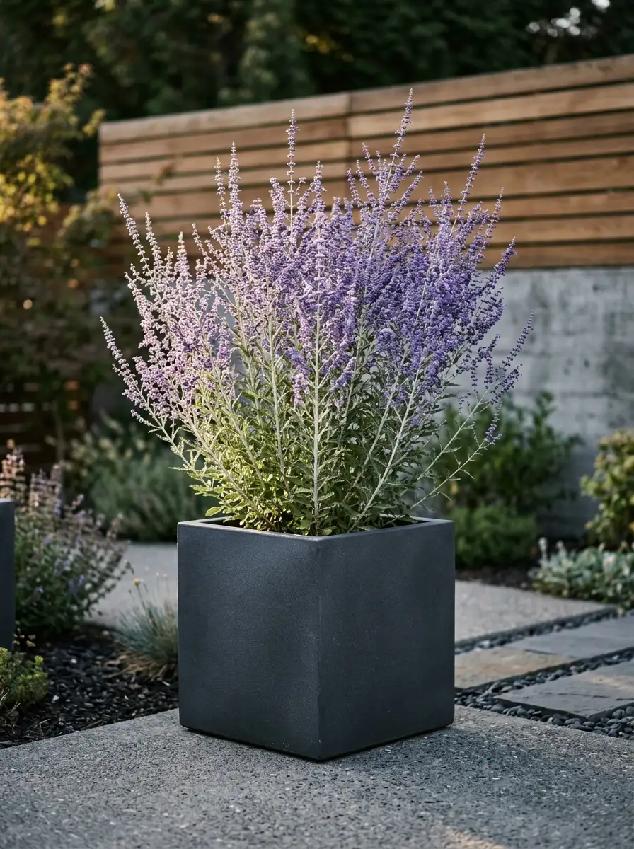 17 Full Sun Perennials for Low-Maintenance Container Gardens That Thrive With Minimal Care 17 Tall Russian sage with silvery stems and hazy violet-blue flower spikes growing in a dark grey resin container on a modern concrete patio