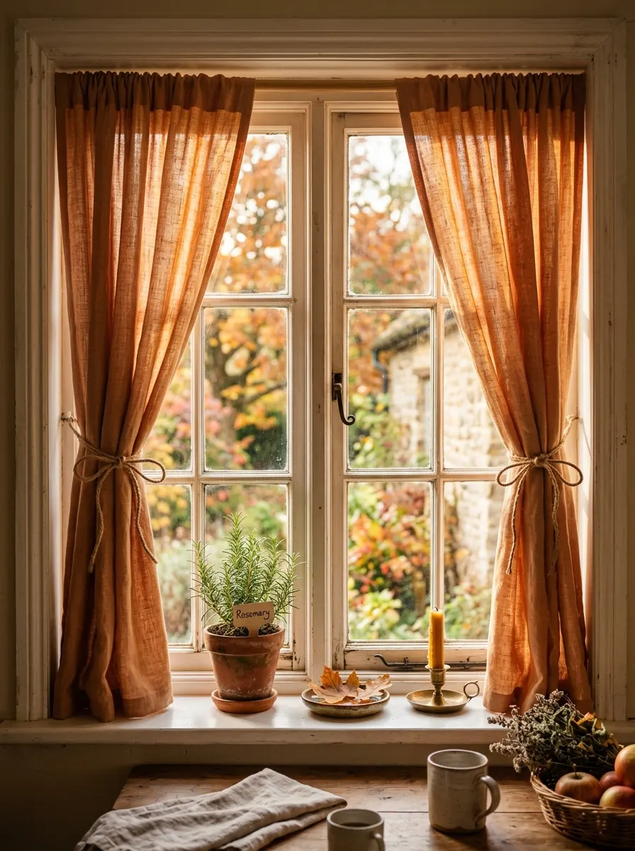 Light rust orange linen curtains with jute tiebacks on a kitchen window letting in golden afternoon light for fall kitchen styling
