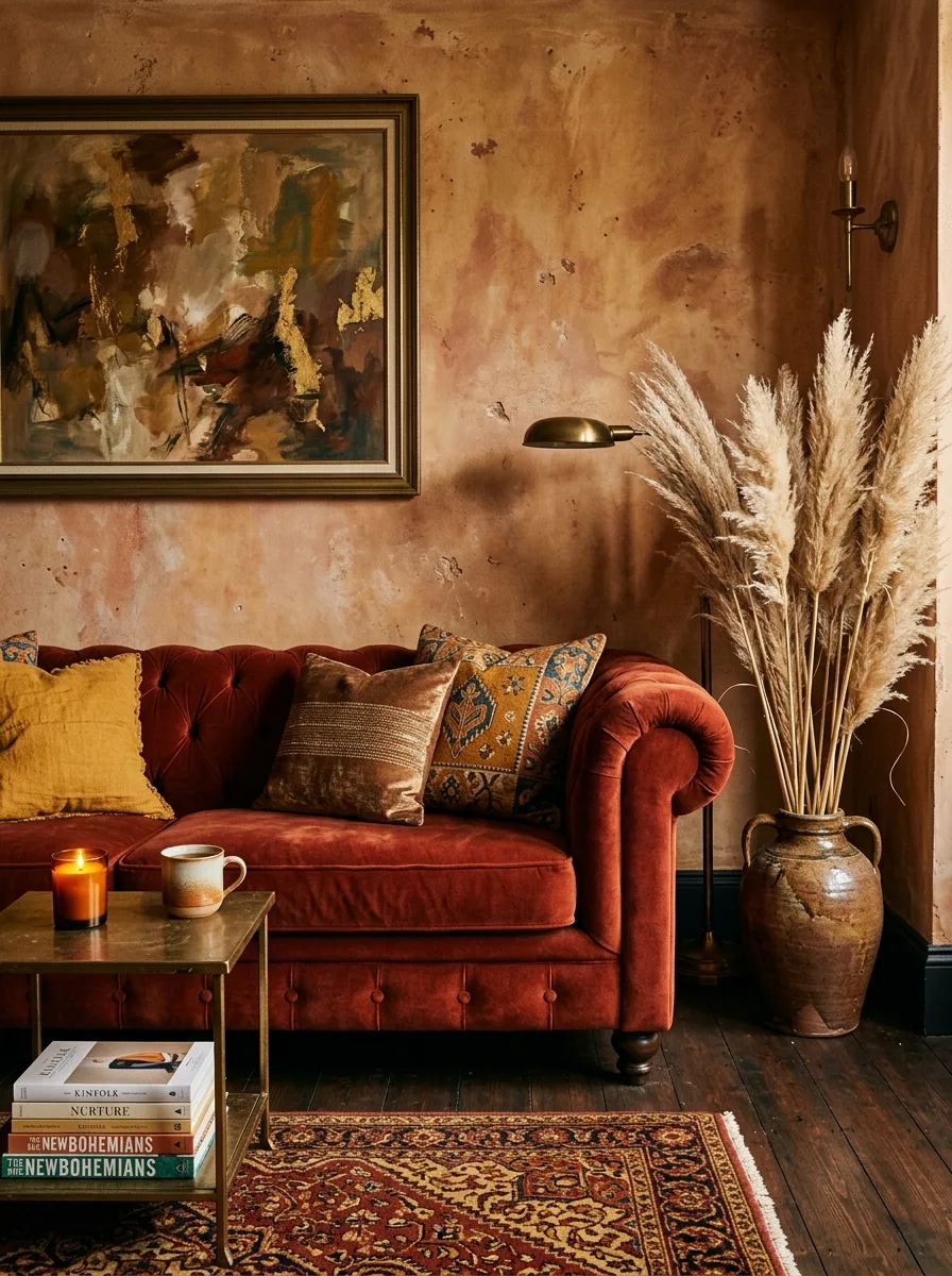 Deep rust red velvet sofa with bronze cushions and pampas grass expressing sofa color meaning through bold storytelling and warm maximalist interior design