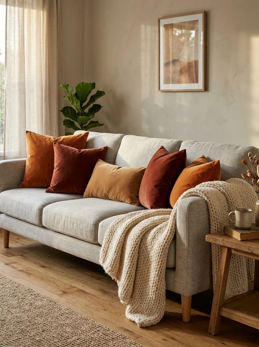 Rust and burnt orange velvet pillows styled on a grey sofa for cozy autumn living room decor