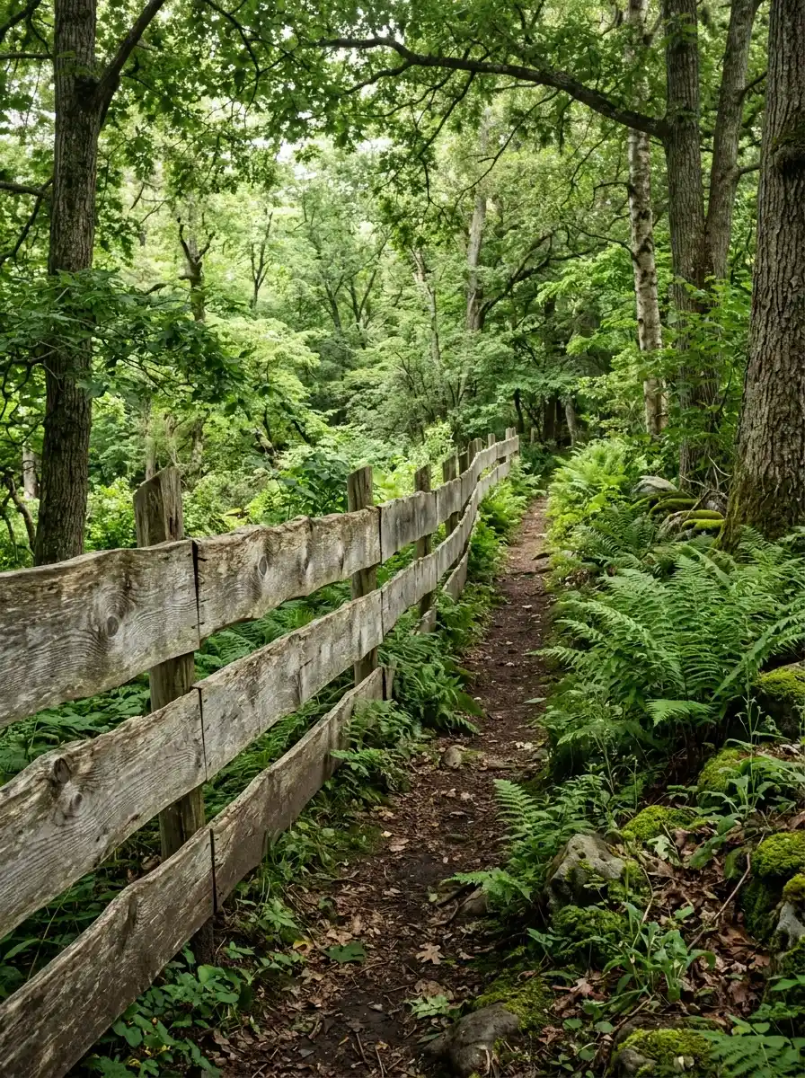 19 Smart Fence Wood Choice Ideas Comparing Cedar, Redwood, Pine, and Ipe for Beauty, Durability, and Long-Term Value 7 Weathered raw pine fence with natural knots and gray patina along a woodland garden path surrounded by ferns and mossy stones