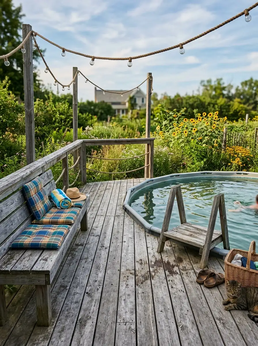 21 Amazing Above Ground Pool Deck Ideas That Go Beyond the Basic Deck With Style, Comfort, and Function 4 Rustic weathered pine above ground pool deck with rope lights, plaid bench cushions, and sunflowers in a countryside backyard
