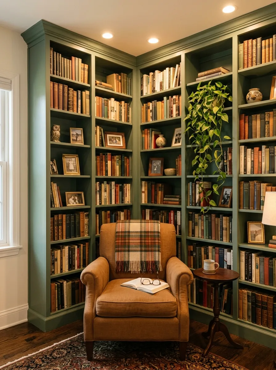 Sage green built-in bookshelves with books, plants, and a linen reading chair reflecting Nancy Meyers interior style