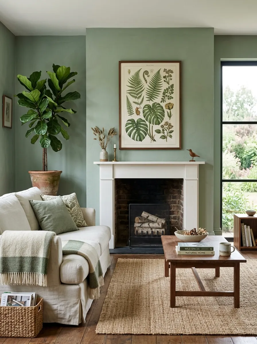 Sage green walls with linen sofa and walnut wood furniture in a calming sophisticated color palette for a luxury living room