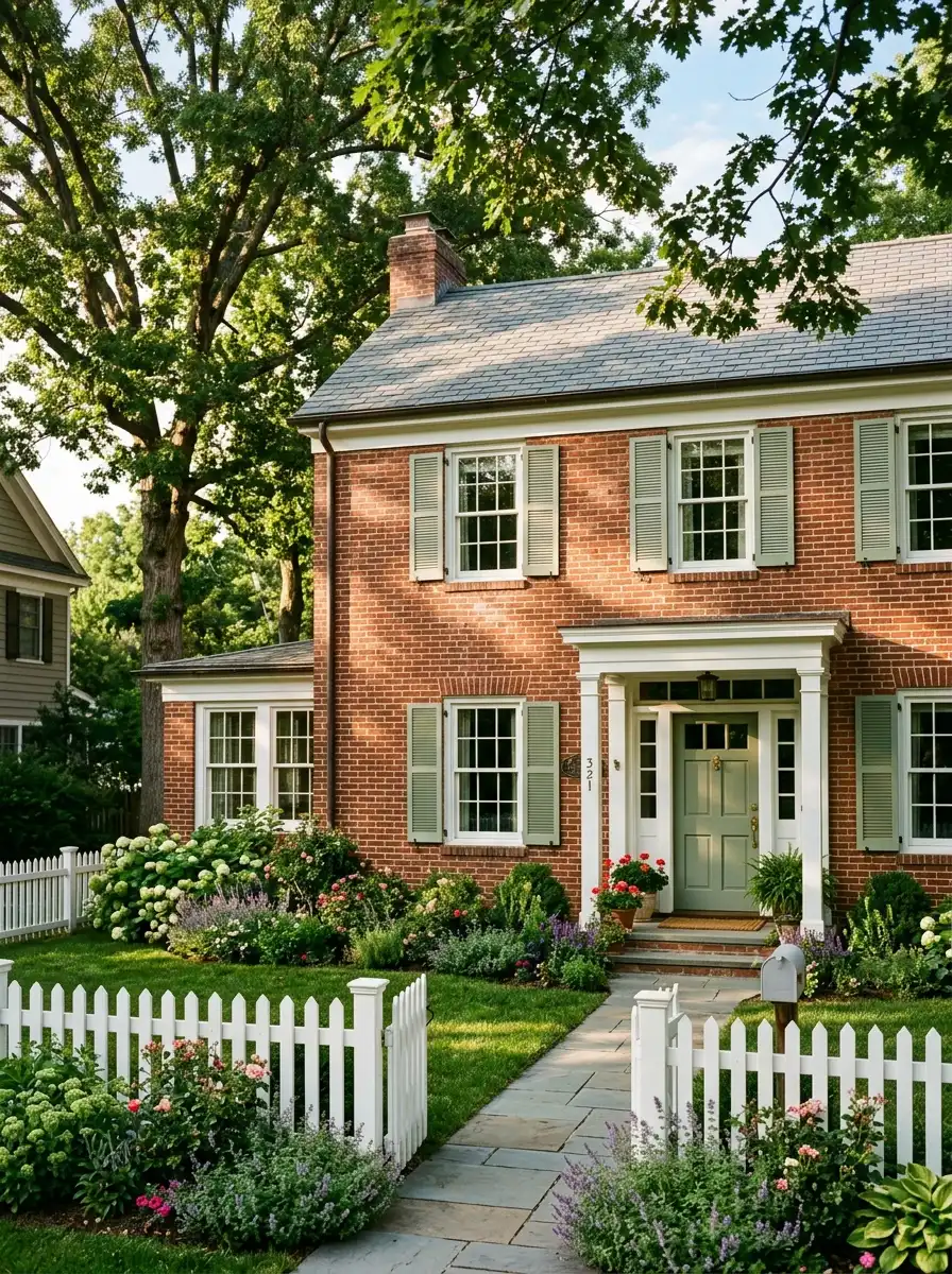 Red brick house exterior color scheme with sage green shutters, white trim, and matching green door creating a fresh nature-inspired look