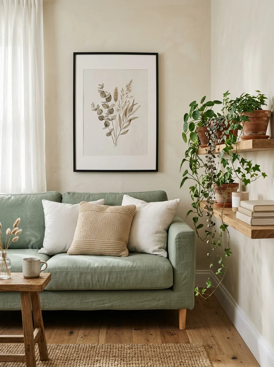 Sage green linen sofa with trailing plants reflecting color psychology for living rooms through a calm, nature-inspired organic interior