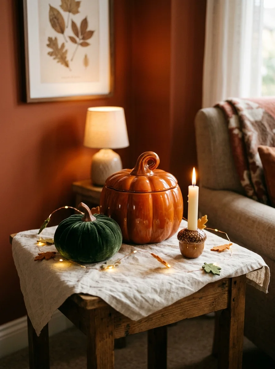 Why Fall Décor Hits Different: 17 Principles You Never Knew You Needed 9 Autumn side table vignette with large pumpkin jar, medium velvet pumpkin, and tiny acorn candleholder showing scale variation in fall décor