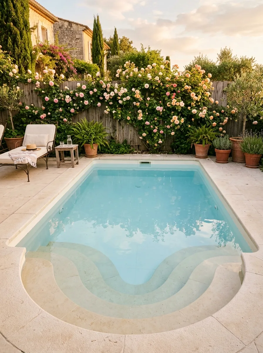 19 Brilliant Small Pool Design Ideas That Make Compact Backyards Feel Like a Private Luxury Resort 17 Small pool design with wide scalloped curved entry staircase descending into pale blue water, cream stone coping, and climbing roses in background