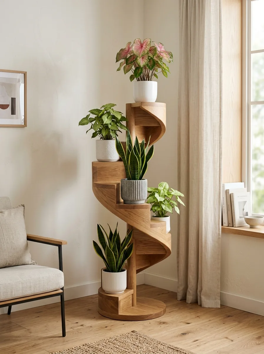 The 20 Houseplant Corners We Keep Coming Back to for Real Inspiration 6 Modern indoor plant corner with cantilevered spiral wooden stand, snake plant, caladium, and syngonium in mixed ceramic planters
