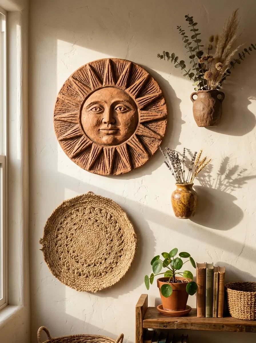 Three dimensional terracotta ceramic discs and woven jute circle styled as layered living room artwork on a warm white plaster wall