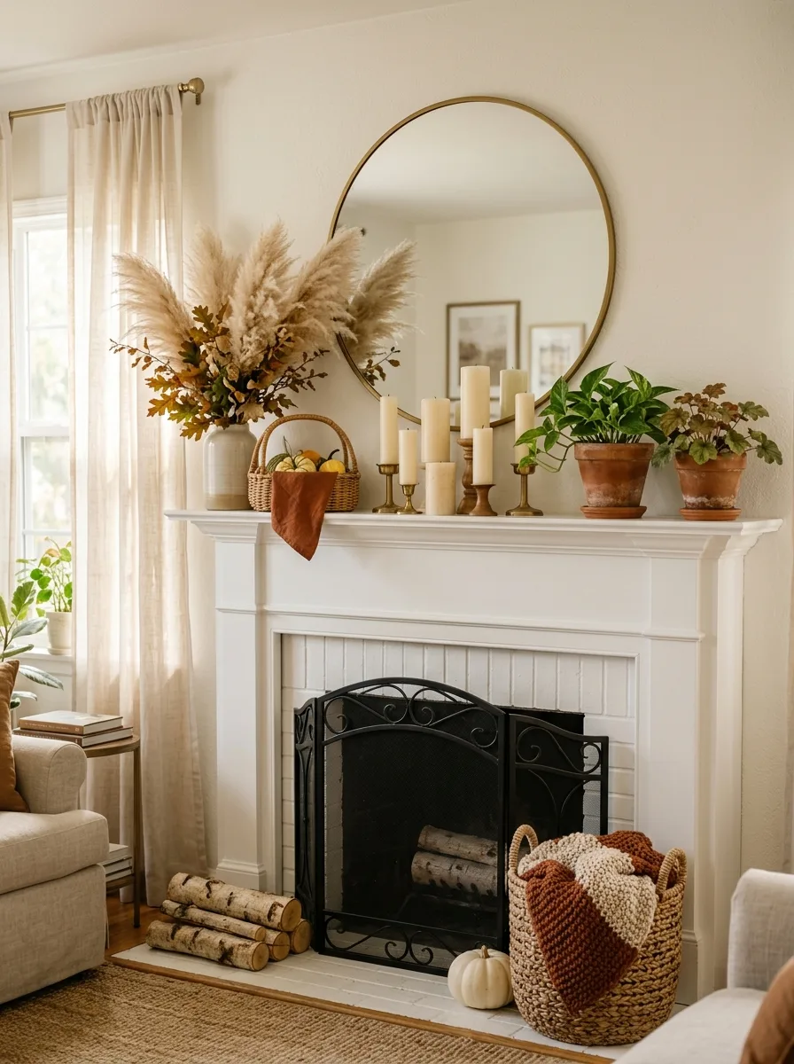 20 Fireplace Design Ideas Built Around the Three Pillars of Color, Space, and Flame 20 Fireplace decor styled for autumn with pampas grass, cream pillar candles, terracotta pots, and woven basket on a white mantel in a warm lifestyle living room setting