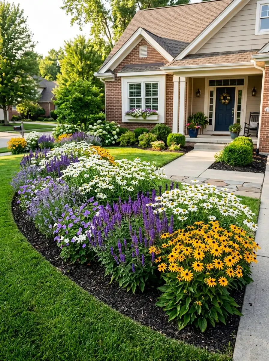 Front yard garden bed with seasonal color blocks in two-thirds purple and white and one-third yellow following golden ratio proportion