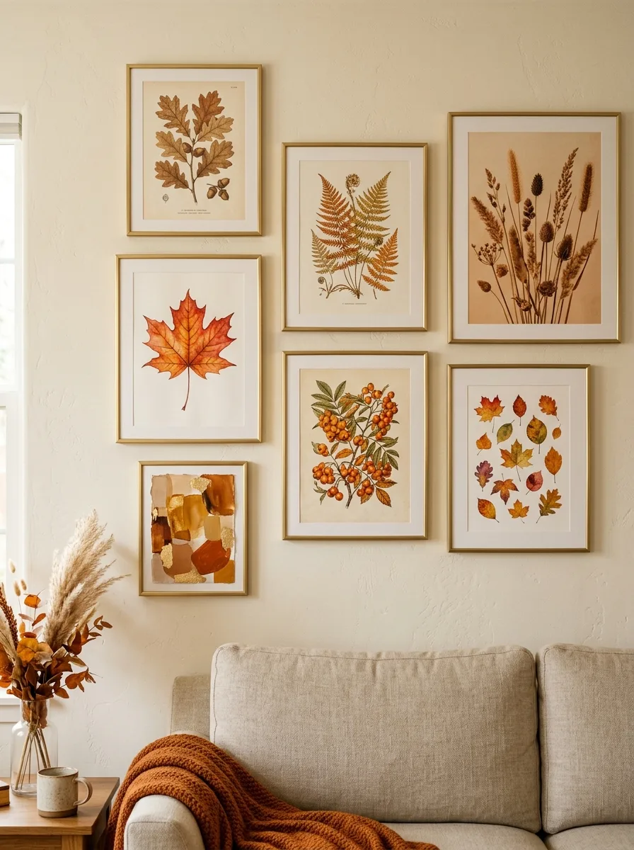 Gallery wall with botanical fall prints in brass frames for a warm and curated autumn living room decor refresh