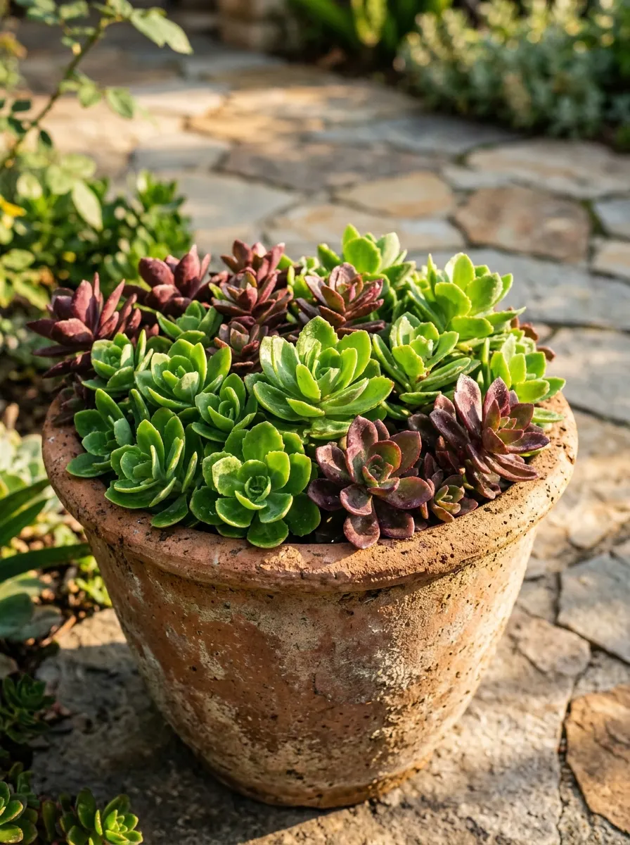 17 Full Sun Perennials for Low-Maintenance Container Gardens That Thrive With Minimal Care 1 Burgundy and green sedum stonecrop growing in a terracotta container under direct full afternoon sunlight on a patio
