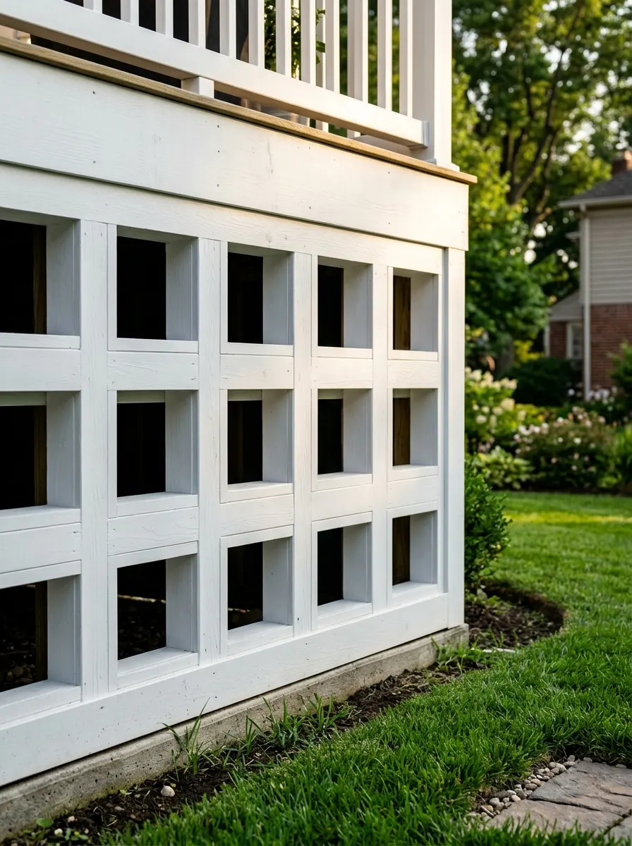White painted shadowbox panel deck skirting with recessed square frames casting sharp afternoon shadows in a suburban yard