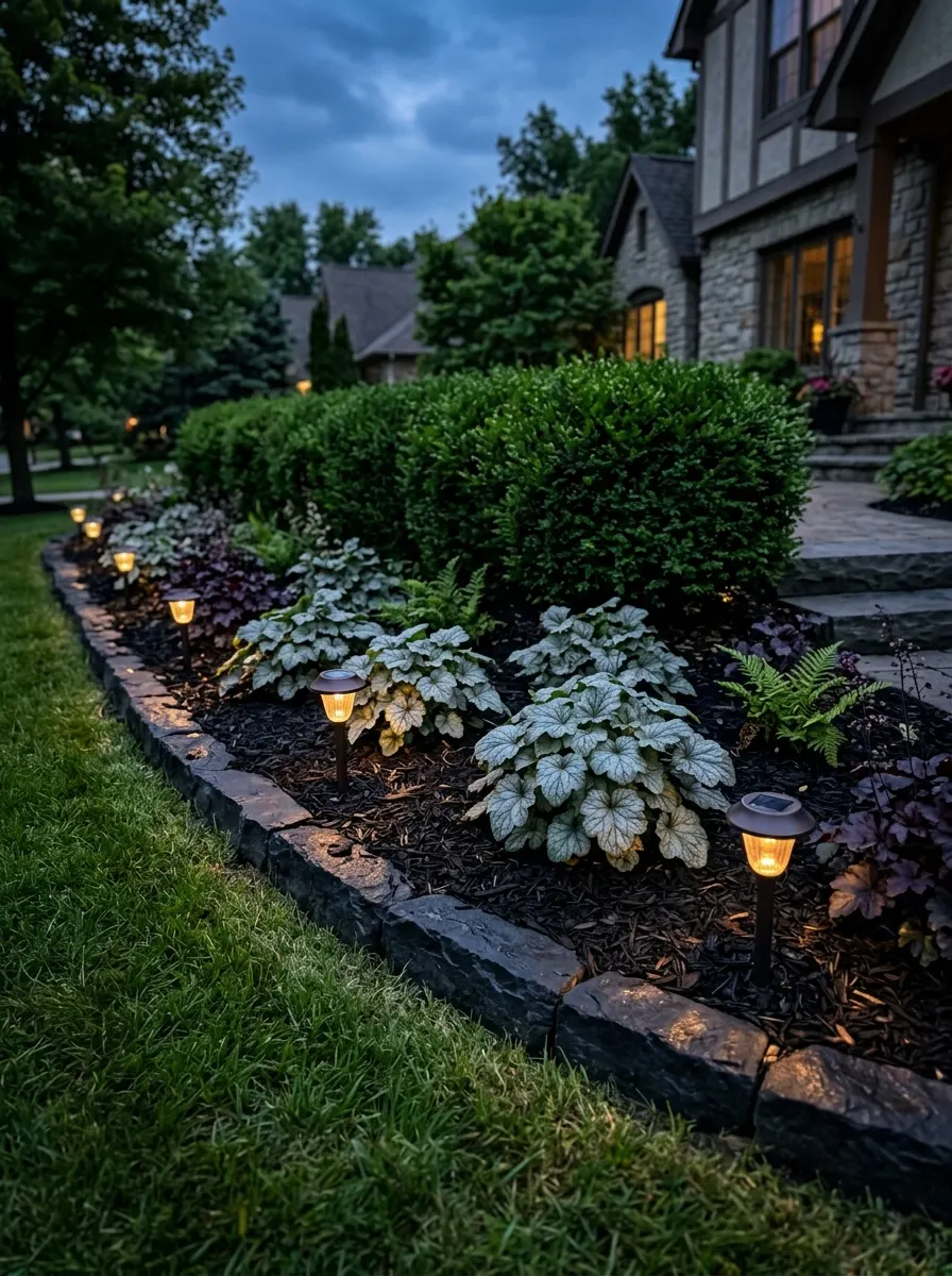 Silver pewter coral bells front yard planting glowing against dark mulch with amber solar path lights and charcoal stone edging at dusk