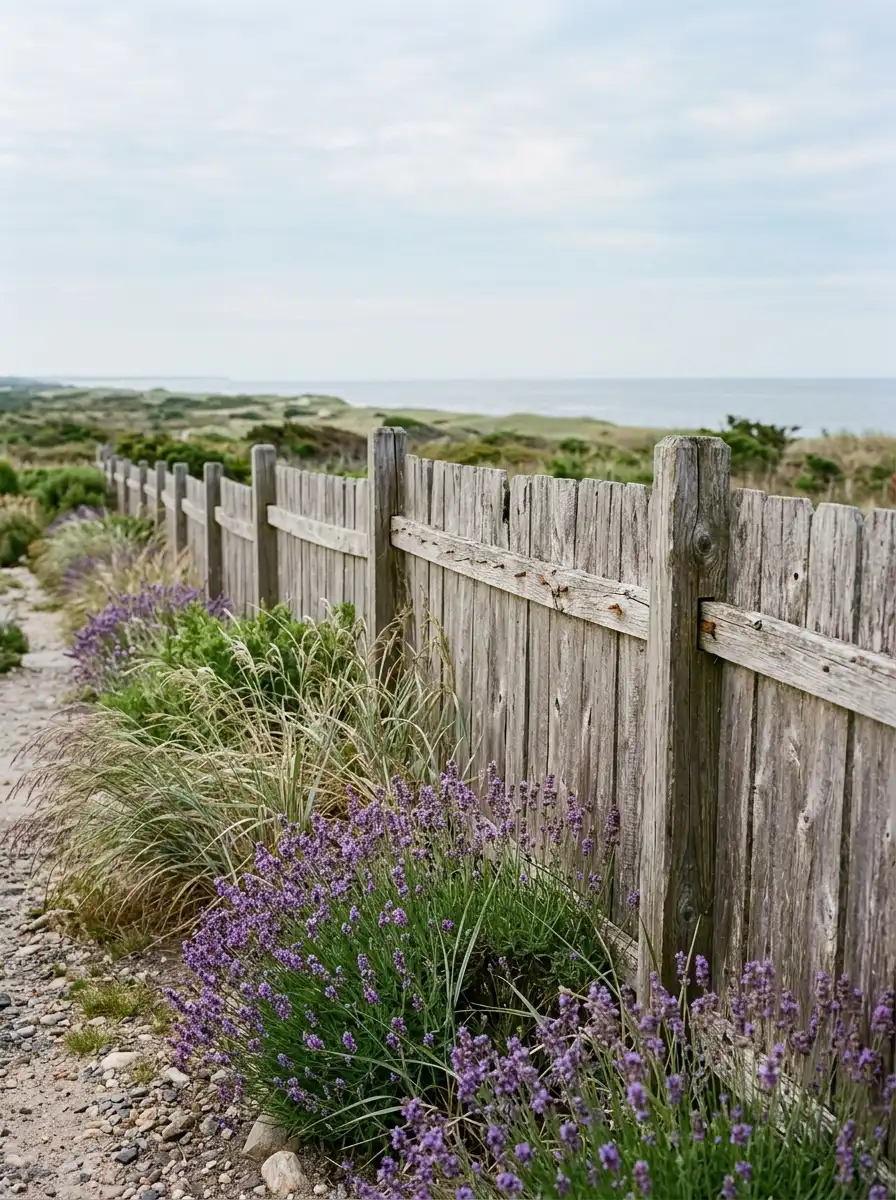 19 Smart Fence Wood Choice Ideas Comparing Cedar, Redwood, Pine, and Ipe for Beauty, Durability, and Long-Term Value 2 Weathered silver-gray cedar fence with coastal lavender and sea grass in a calm morning garden setting