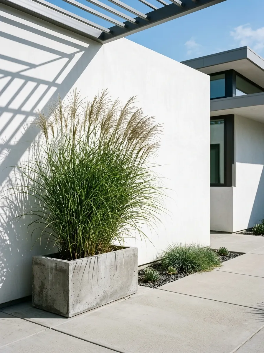 23 Stunning Ways Ornamental Grasses Can Transform Your Landscape With Texture, Movement, Privacy, and Year-Round Style 4 Single large ornamental grass in a geometric concrete planter against a white stucco wall in a contemporary minimalist garden