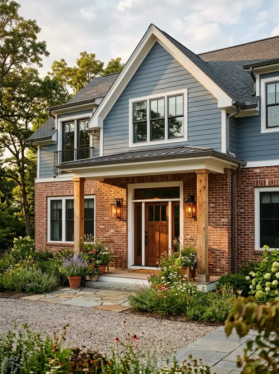 Red brick house with slate blue siding, natural cedar columns, wood stain door, and white trim for a modern farmhouse curb appeal