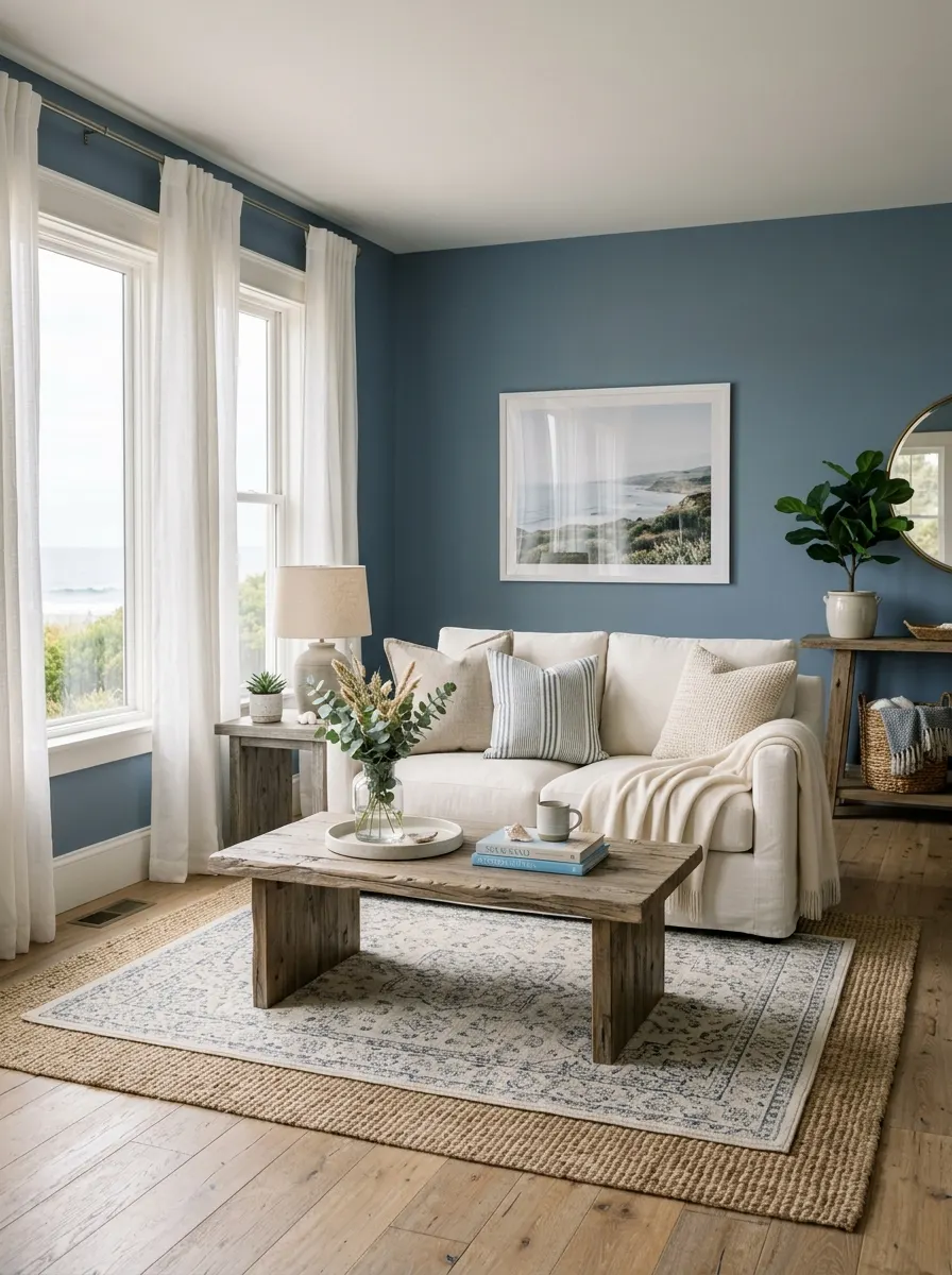 Slate blue walls with warm white linen sofa and driftwood wood coffee table in a serene elegant living room palette