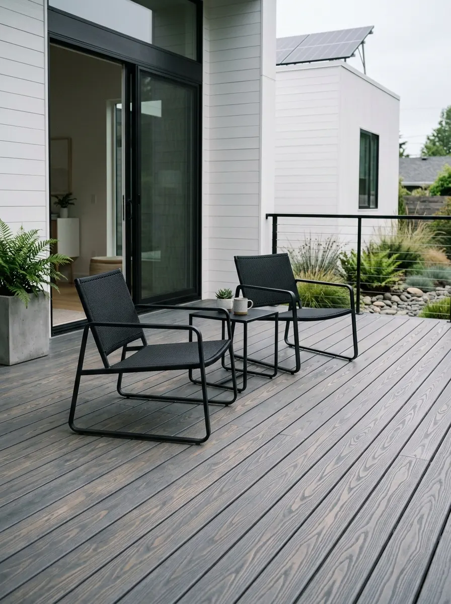 Cedar deck with slate gray semi-transparent stain offering a modern, architectural finish as cool deck stain colors