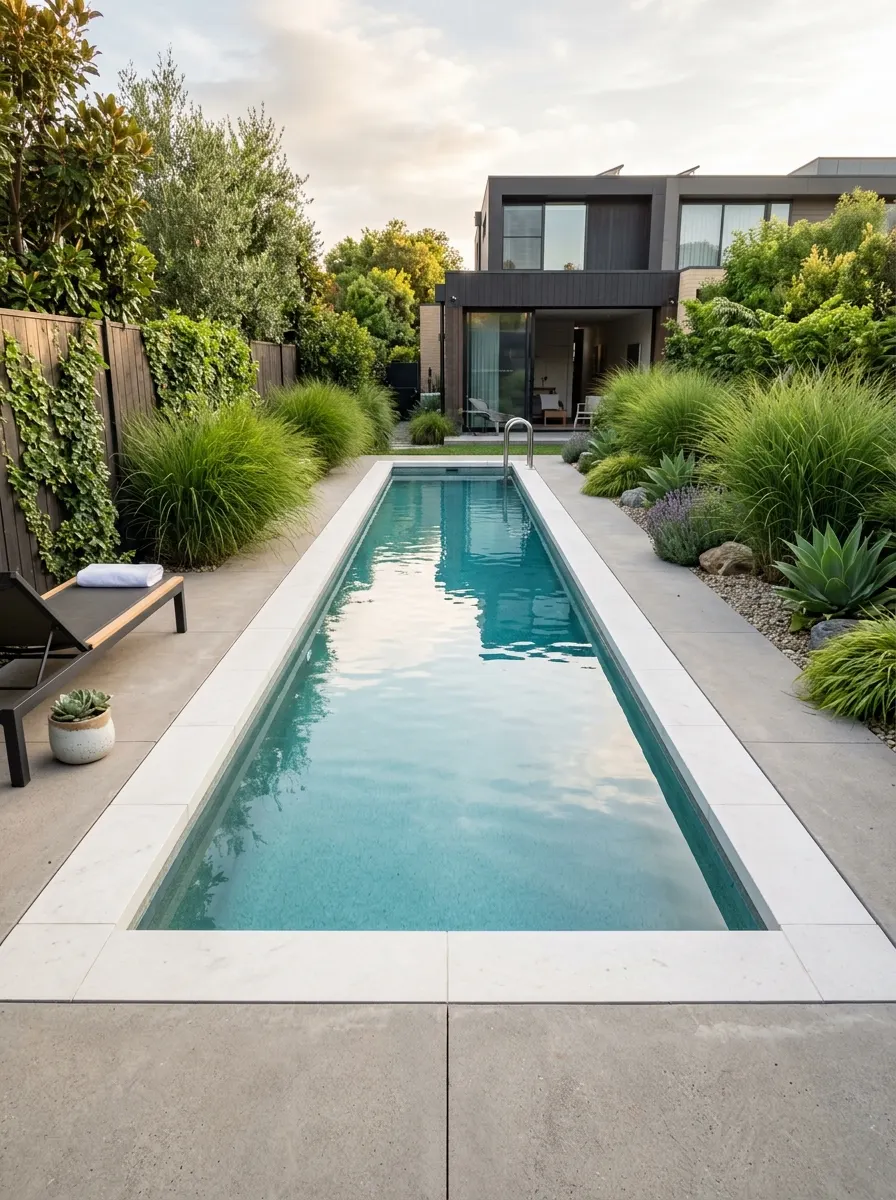 19 Brilliant Small Pool Design Ideas That Make Compact Backyards Feel Like a Private Luxury Resort 1 Sleek rectangular small pool design with white stone coping, turquoise water, and minimalist landscaping in a compact backyard