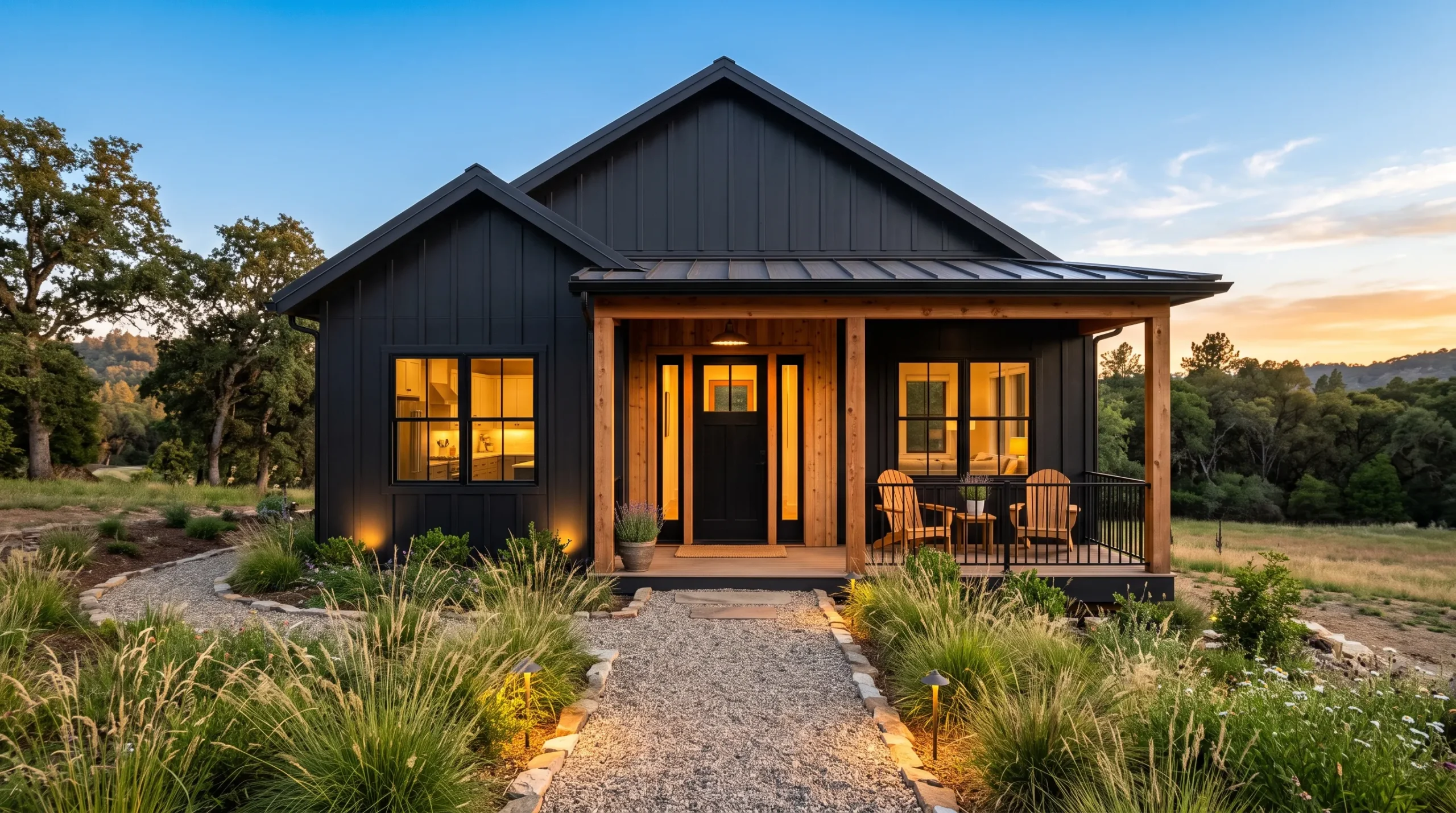 Small barndominium exterior with matte black board-and-batten siding, cedar porch accents, and a bold front door at golden hour