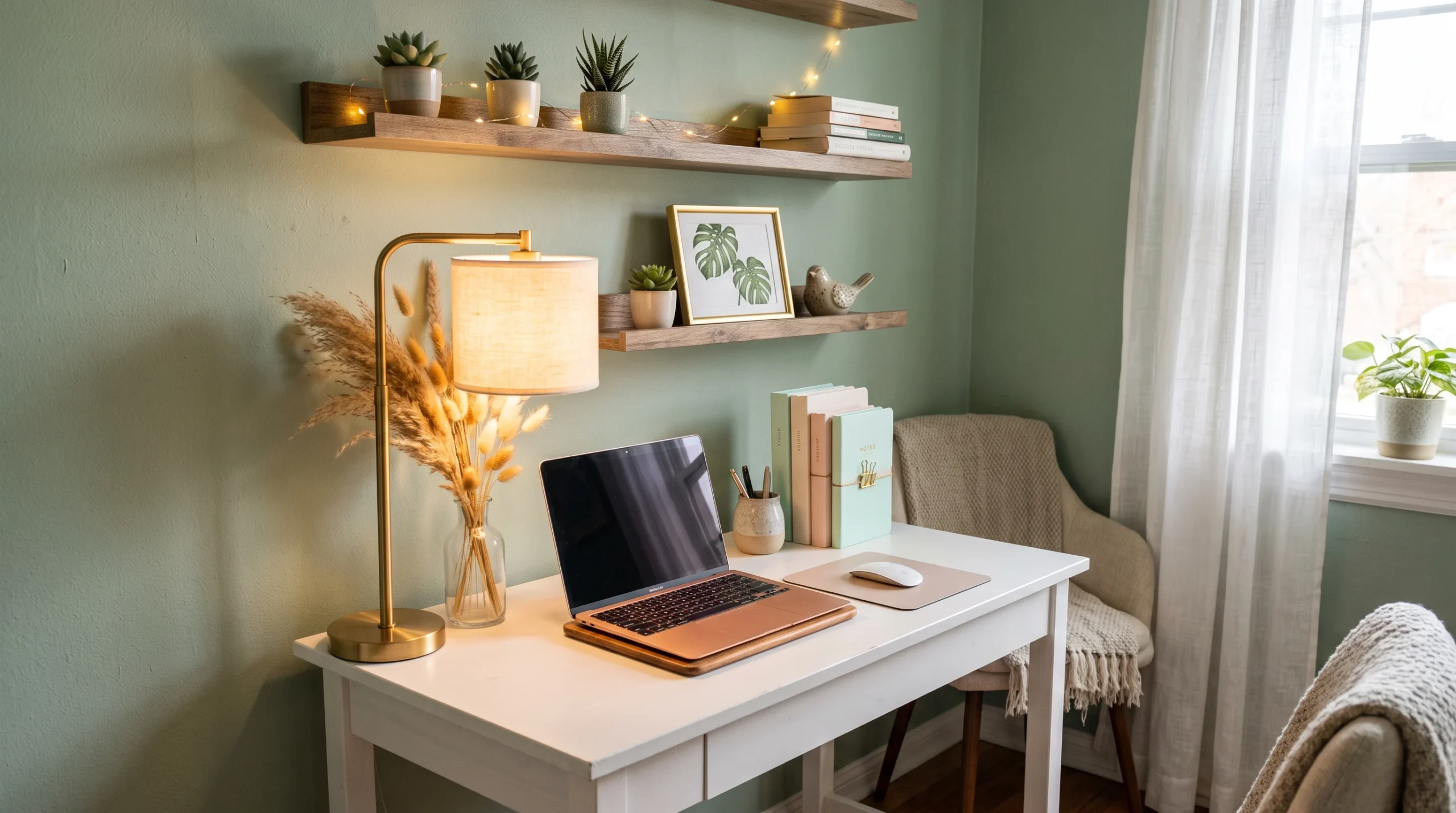 A small dorm desk setup with a sage green wall, warm LED lamp, dried pampas grass, and floating shelves with succulents