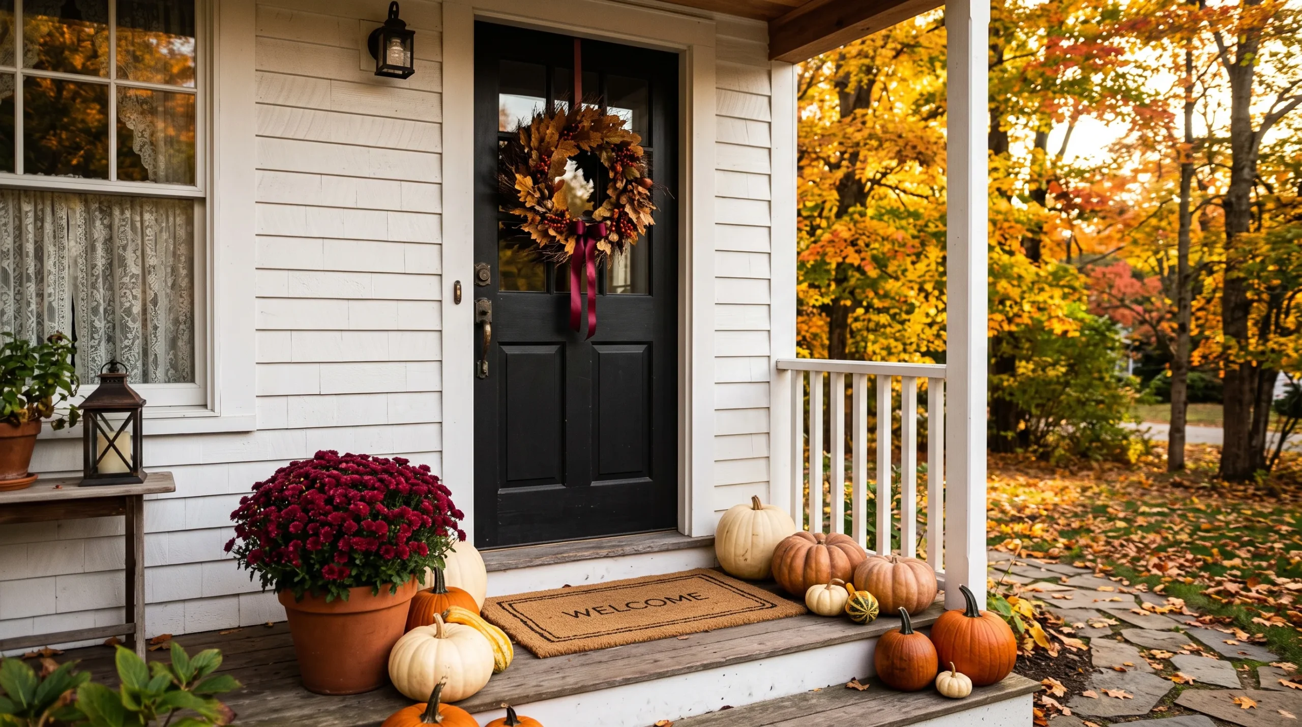 Small front porch styled with fall porch décor including cream pumpkins, burgundy mums, and a dried leaf wreath
