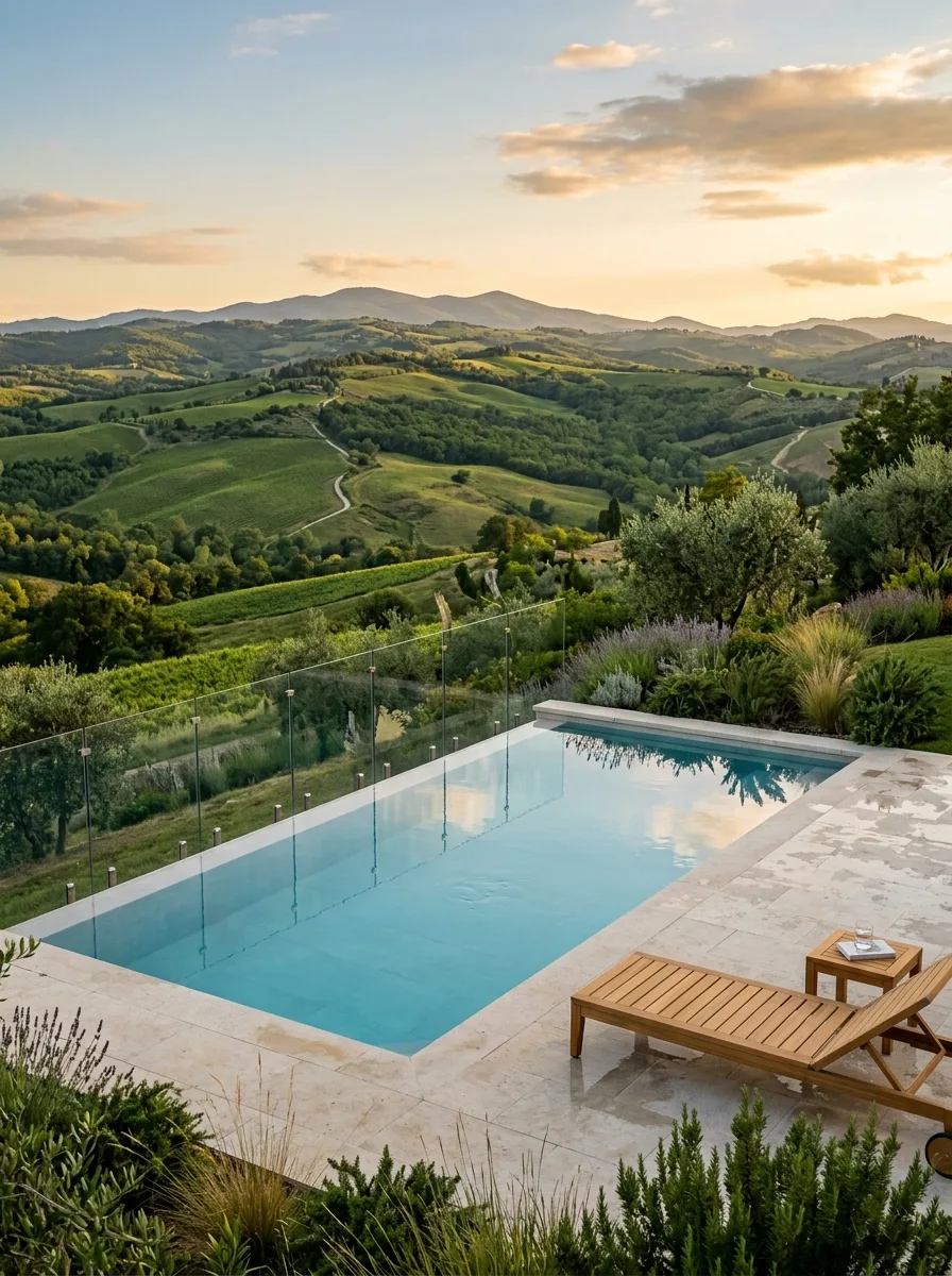 19 Brilliant Small Pool Design Ideas That Make Compact Backyards Feel Like a Private Luxury Resort 5 Small infinity edge pool on a sloped backyard with limestone deck and glass balustrade, water flowing toward green hills beyond