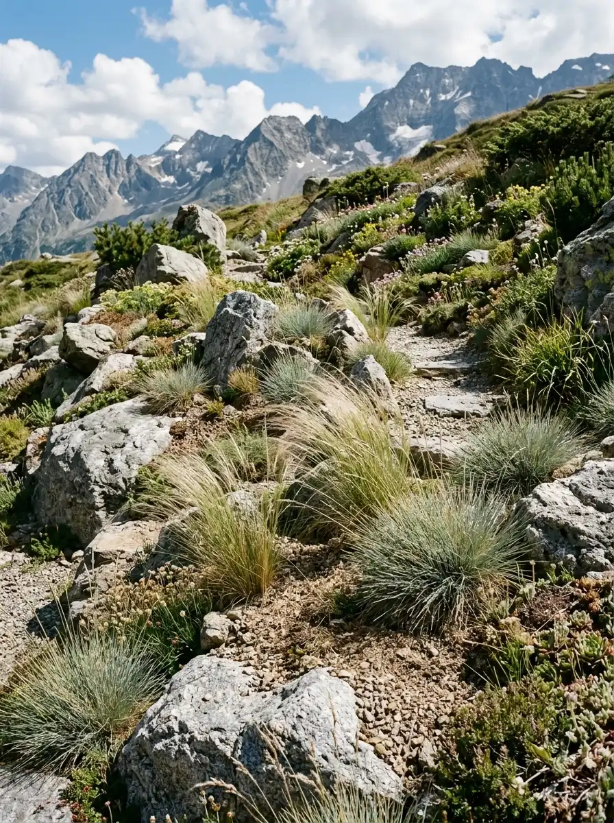 23 Stunning Ways Ornamental Grasses Can Transform Your Landscape With Texture, Movement, Privacy, and Year-Round Style 21 Small ornamental grasses tucked between large granite boulders and stones in a sloped rock garden with alpine plants in bright afternoon light