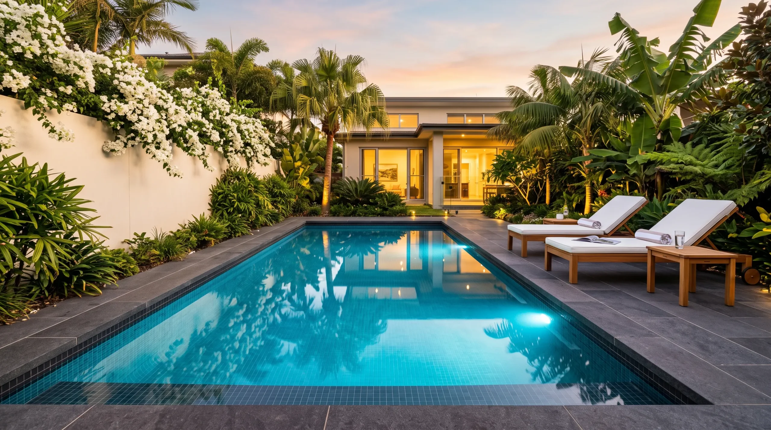 19 Brilliant Small Pool Design Ideas That Make Compact Backyards Feel Like a Private Luxury Resort 3 Stunning small pool design with aqua water, teak loungers, tropical palms, and glowing LED lighting in a compact backyard